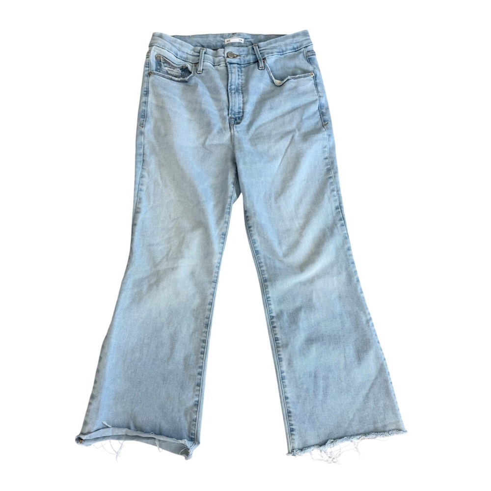 Good American Good Legs Crop Mini Boot Jeans Light Wash Raw Hem Size 12/31